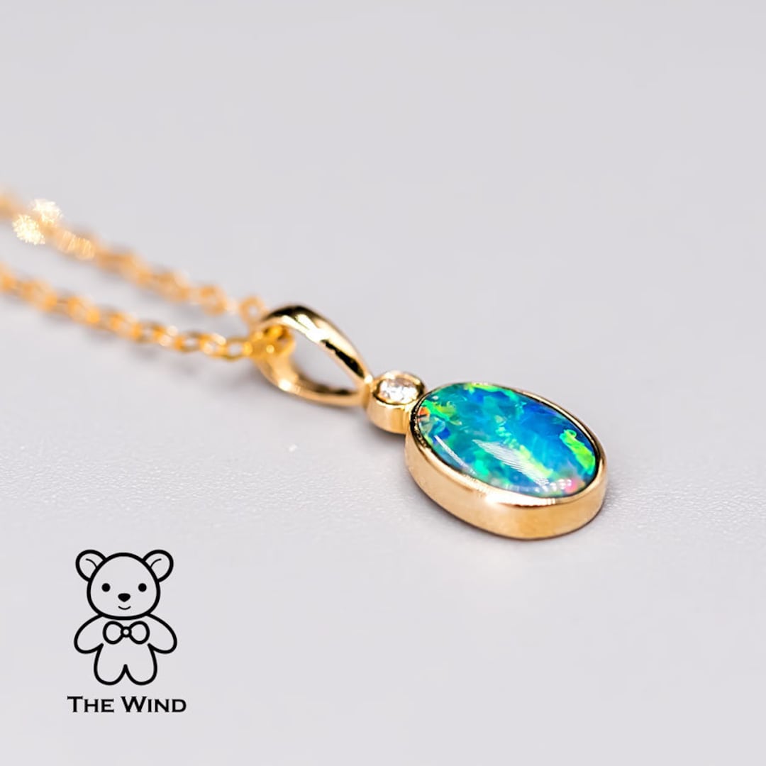 Minimalist Oval Shaped Australian Doublet Opal Diamond Pendant Necklace 14k Yellow Gold