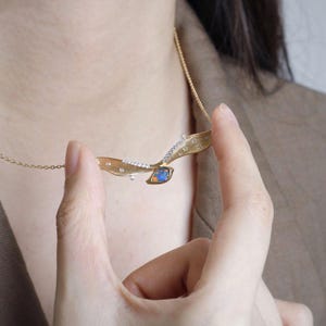 Extremely Rare Two Side Australian Black Opal Seagull Wing Necklace & Diamond 18K Yellow Gold Promise Gift Luxury Fine Jewelry Charm