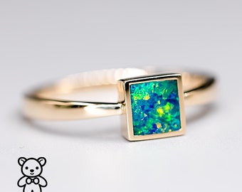 Minimalist Geometric Design Square Australian Doublet Opal Ring 14K Yellow Gold Promise Ring for Couples Wedding Engagement