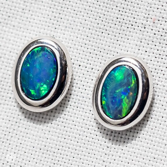 Earth Design Australian Doublet Black Opal Diamond Stud Earrings 18K Rose Gold