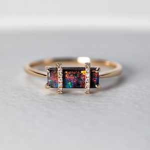 Opal Bar Ring 14K Gold Unique Boulder Opal Diamond Ring