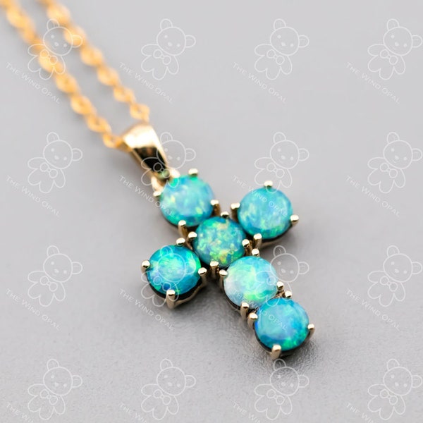 Doublet Opal Cross Pendant Necklace: Australian Opal in 18K Yellow Gold Pear Teardrop Shaped Geometric Charm