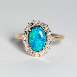 Baguette Halo Diamond Black Opal Engagement Ring 14K Yellow Gold