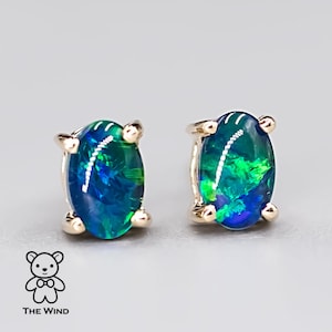 Minimalist Oval Australian Triplet Opal Stud Earrings 14k Yellow Gold Birthday Gift Anniversary Present Geometric