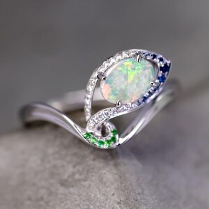Peacock Dream - Australian Opal Diamond Engagement Ring in 18K White Gold Oval Shaped Promise Ring Couples Wedding Band