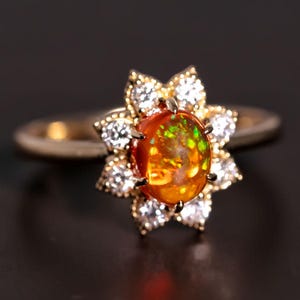 Starry Night Mexican Fire Opal Diamond Engagement Ring 18K Yellow Gold Promise Rings for Couples Wedding Band Rainbow