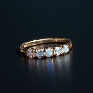 Eternity Australian Solid Round Opal Ring 14K Yellow Gold Wedding Band Promise Ring for Couples Wedding Anniversary Rainbow
