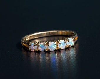 Eternity Australian Solid Round Opal Ring 14K Yellow Gold Wedding Band Promise Ring for Couples Wedding Anniversary Rainbow