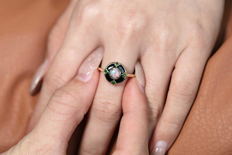 Black Opal Black Agate Engagement Ring