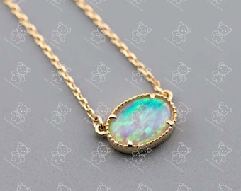 Minimalist Oval Shaped Australian Opal Necklace 14K Yellow Gold