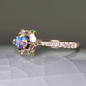 The One - Australian Boulder Opal, Baguette Cut Diamond, Tsavorite Engagement Ring 14K Yellow Gold