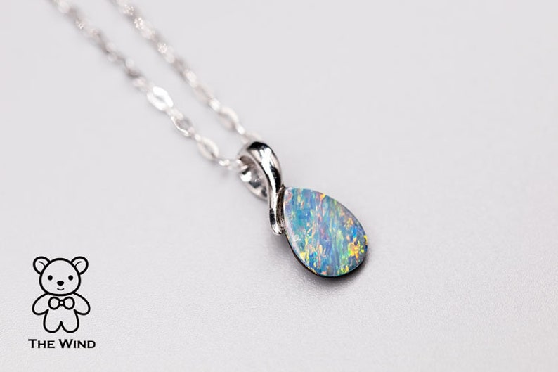 Minimalist Rainbow Australian Doublet Opal Pendant Necklace 14K White Gold Birthday Gift Anniversary Oval Charm
