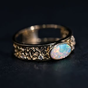 Exquisite Filigree Engagement Ring: Australian Semi-Black Opal Diamond Band in 18K Yellow Gold Promise Ring for Couples Band