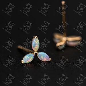 Three Stone Marquise Australian Solid Opal Stud Earrings 18K Yellow Gold Jewelry Birthday Gift Anniversary Promise Gift for Couples