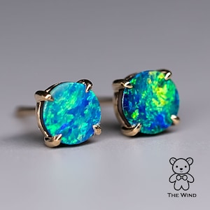 Minimalist Bright Australian Doublet Opal Round Stud Earrings 14K Yellow Gold Birthday Gift Anniversary Bridesmaid Holiday