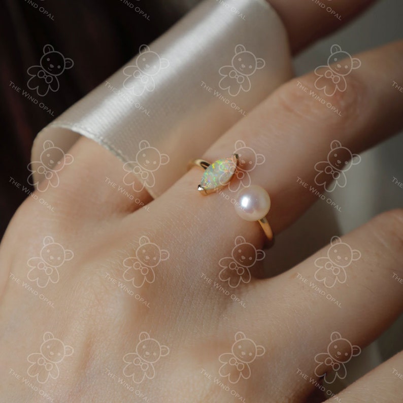 Opal with Akoya Pearl Open Band Ring