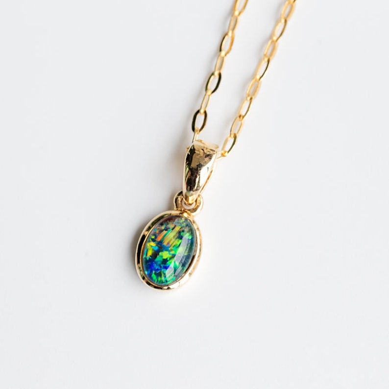 Small Minimalist Oval Australian Triplet Opal Pendant Necklace 14k Yellow Gold Charm Anniversary Bridesmaid Present Holiday Gift for Couples