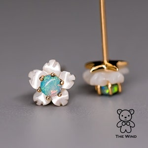 Small Flower Australian Solid Opal & Mother of Pearl Stud Earrings 14K Yellow Gold Promise Gift Couples Birthday Gift Anniversary Holiday