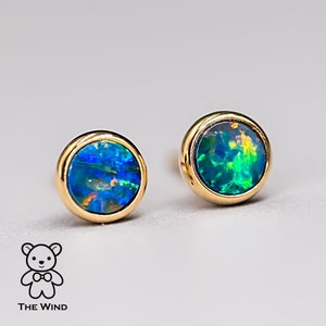 Minimalist Round Australian Doublet Opal Stud Earrings 18k Yellow Gold Birthday Gift Anniversary Bridesmaid Geometric