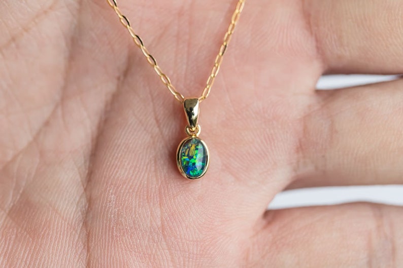 Small Minimalist Oval Australian Triplet Opal Pendant Necklace 14k Yellow Gold Charm Anniversary Bridesmaid Present Holiday Gift for Couples