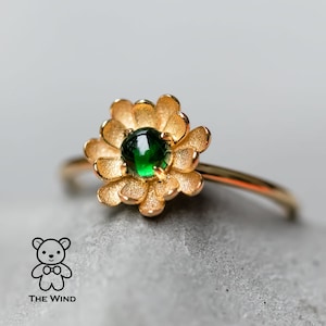 Peony Flower Engagement Ring with Tsavorite Garnet 18K Yellow Gold Promise Band for Couples Birthday Gift Anniversary Bridesmaid