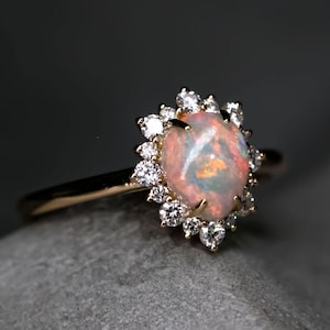 Snowflake Design Australian Semi Black Opal & Diamond Engagement Wedding Ring 18K Yellow Gold Promise Ring for Couples Band Halo Diamond
