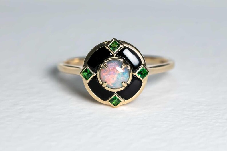 Black Opal Black Agate Engagement Ring