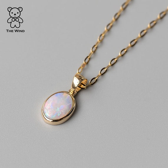 Minimalist Oval Natural Australian Doublet Opal Pendant Necklace 14k Yellow Gold