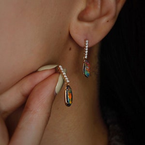 Elegant Australian Black Opal Diamond Drop Earrings in 18K Yellow Gold Promise Gift For Couples Anniversary Dangle Earrings