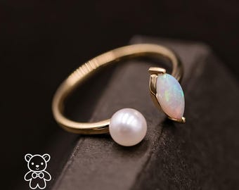 Minimalist Australian Solid Opal with Akoya Pearl Open Adjustable Ring 18K Yellow Gold Promise Ring for Couples Wedding Band Rainbow