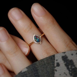 Diamond Shaped Australian Boulder Opal Diamond Engagement Wedding Ring 18K Yellow Gold Promise Ring for Couples Band