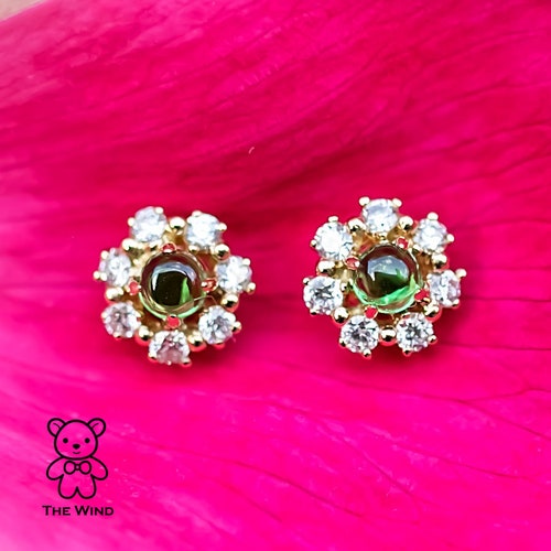 Delightful Tsavorite & Diamond Halo Stud Earrings 18K Yellow Gold Promise Gift for Coupons