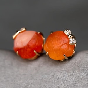 Hand Carved Skull with Diamond Bows Mexican Fire Opal Stud Earrings 18k Yellow Gold Holiday Present Geometric Design Heart Rose