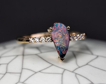 Pear-Shaped Natural Black Opal Diamond Ring Solid 14K Yellow Gold
