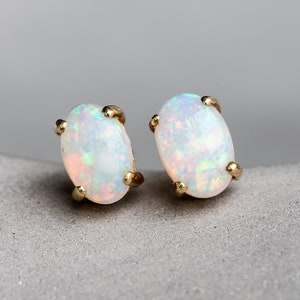 Simple Oval Natural Australian Solid Opal Stud Earrings 14K Yellow Gold Birthday Gift Anniversary Bridesmaid Present