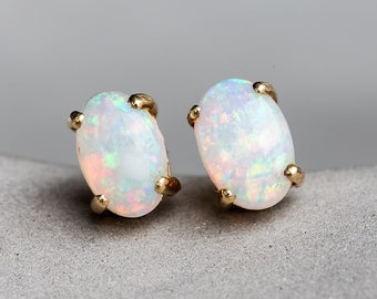 Simple Oval Natural Australian Solid Opal Stud Earrings 14K Yellow Gold