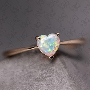 Minimalist Heart Shaped Australian Solid Opal Engagement Ring in 14K Yellow Gold Promise Ring for Couples Wedding Band
