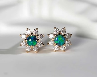 Blue Colored Black Opal & Diamond Stud Earrings in 14K Yellow Gold