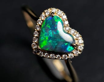 Heart Shaped Semi Black Opal Halo Diamond Engagement Ring 14k Yellow Gold