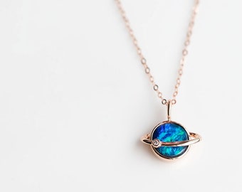 Earth Moon Design Australian Doublet Opal & Diamond 14K Rose Gold Pendant Necklace