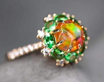 Beautiful Mexican Fire Opal Tsavorite Diamond Engagement Wedding Ring 18K Yellow Gold Promise Ring Anniversary Band
