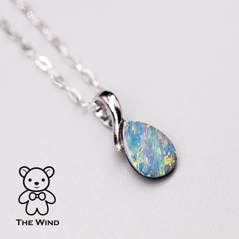 Minimalist Rainbow Australian Doublet Opal Pendant Necklace 14K White Gold Birthday Gift Anniversary Oval Charm