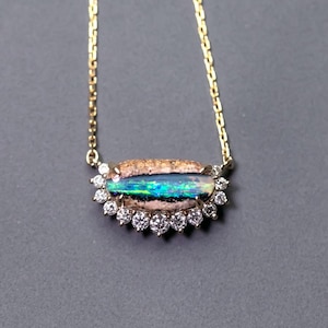 Unique Pattern Australian Boulder Opal Halo Diamond Necklace 18K Yellow Gold