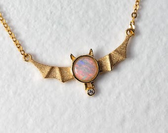Adorable Bat Design Australian Solid Opal & Diamond Necklace 18K Yellow Gold