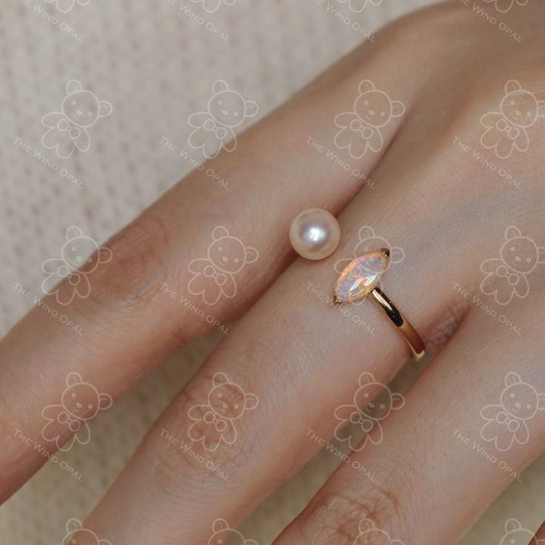 Opal with Akoya Pearl Open Band Ring