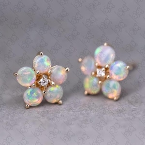 Plum Blossom Sakura Flower Australian Solid Opal Diamond Stud Earrings 14k Yellow Gold Promise Gift for Couples Anniversary
