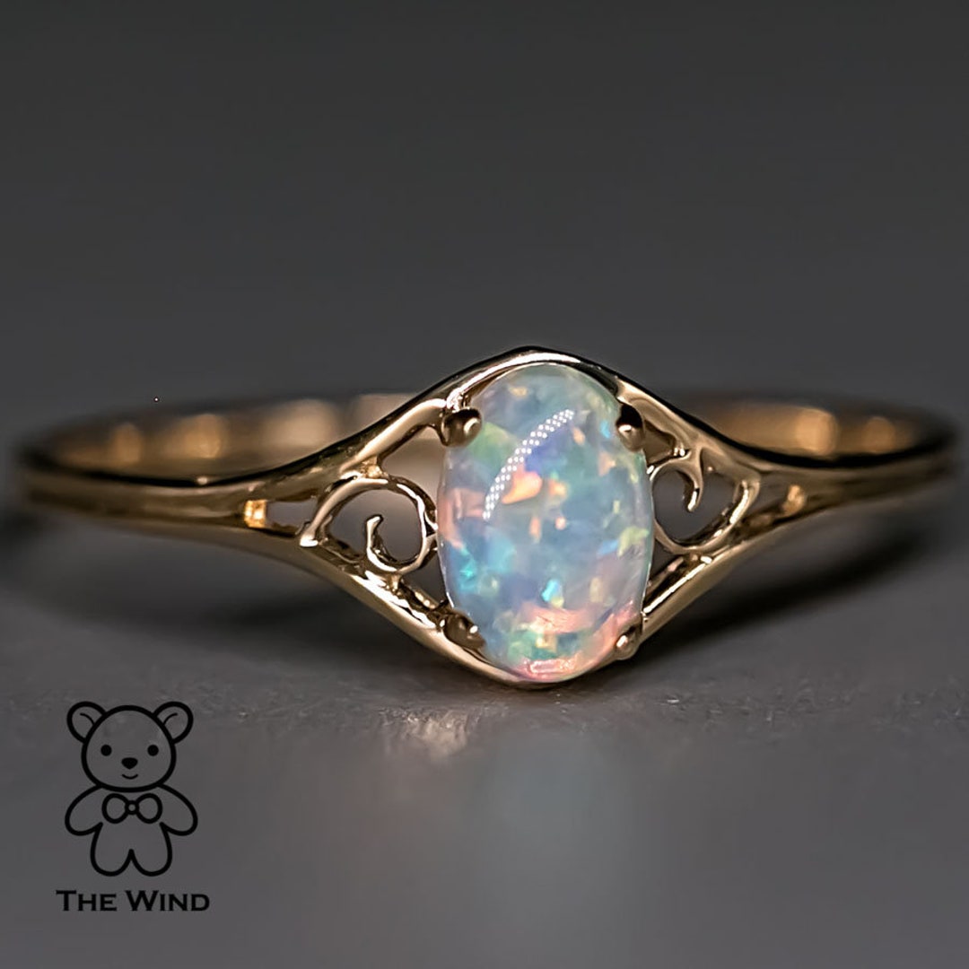 Vintage Inspired Oval Australian Solid Opal Engagement Wedding Ring 14K