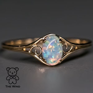 Vintage Inspired Oval Australian Solid Opal Engagement Wedding Ring 14K Yellow Gold Promise Ring for Couples Anniversary