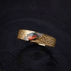 Hammered Finish Black Opal and Diamond Engagement Ring