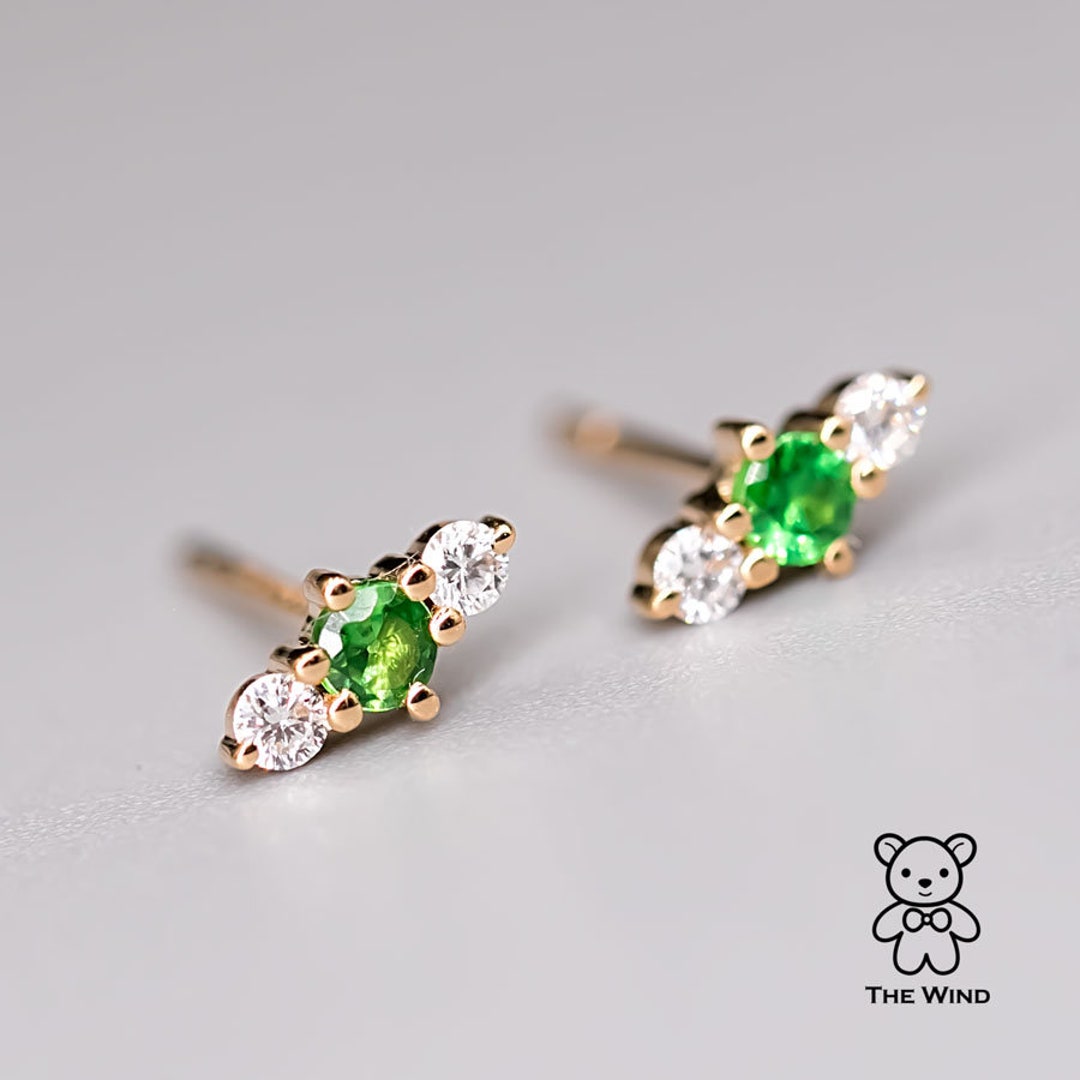 Three Stone Diamond Tsavorite Garnet Stud Earrings 18K Yellow Gold Birthday  Gift Anniversary Minimalist Geometric Jewelry - Etsy